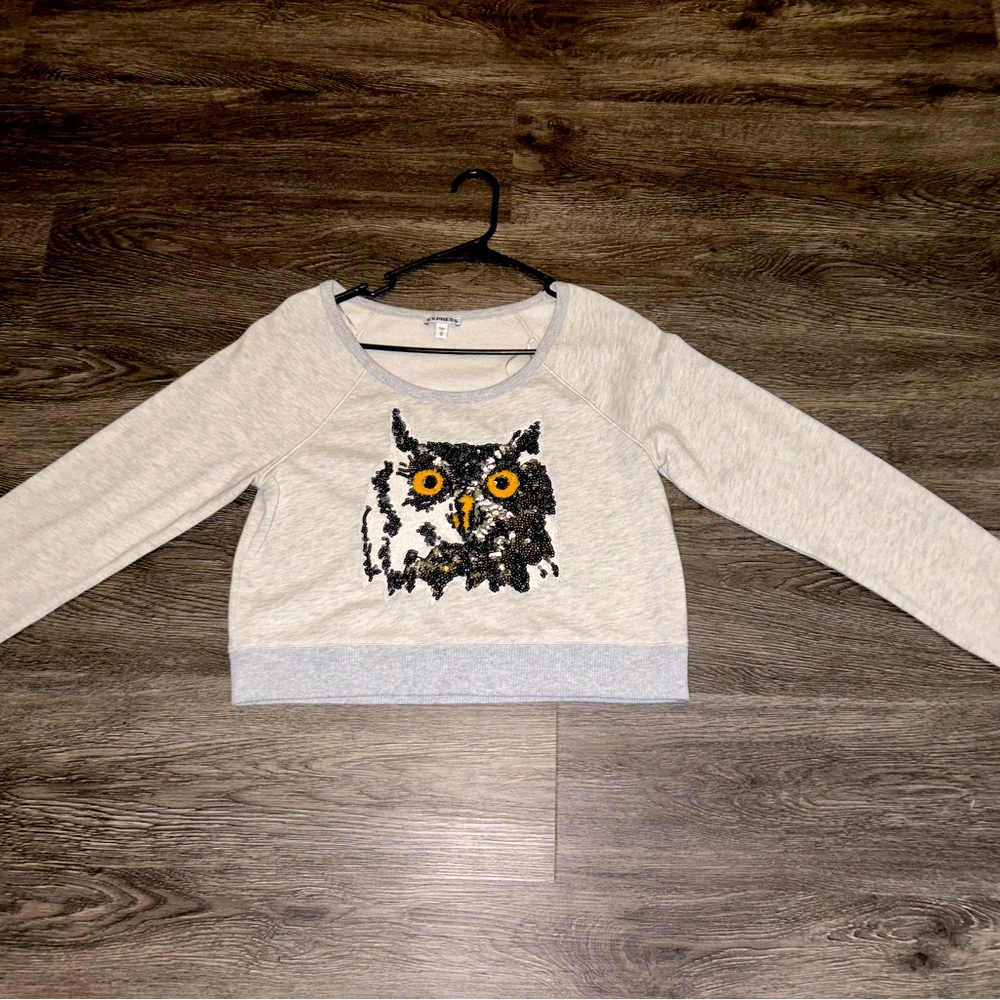 Express Tops Express Cropped Sequin Owl Sweatshirt